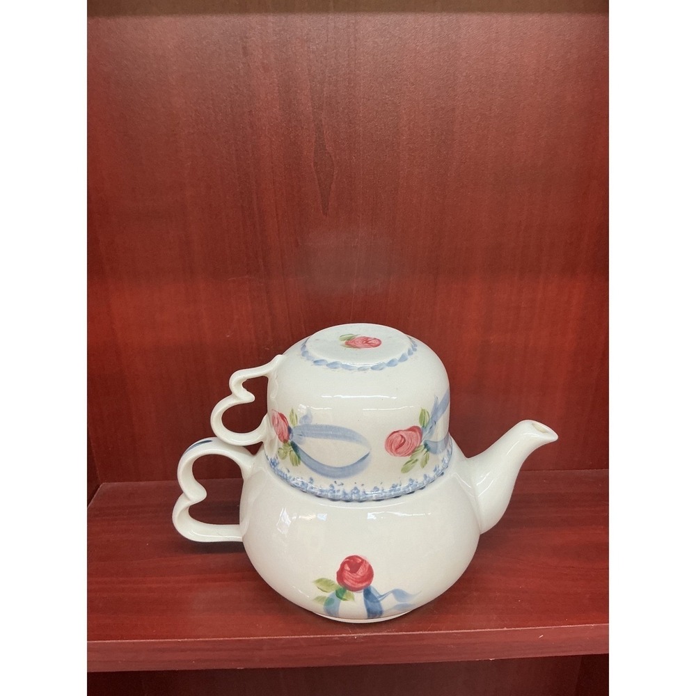 Tea For One Set Floral Rose Blue Ribbon Ceramic Stackable Teapot Cup Heart Hdle